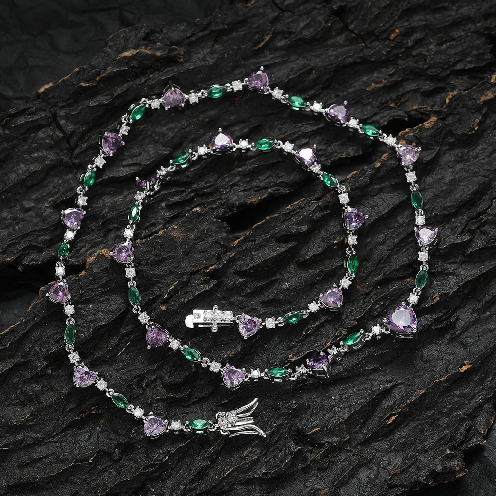 Colar de pedra coração roxo para mulheres, CZ tênis corrente, Bling Bling cadeia, latão, BC182