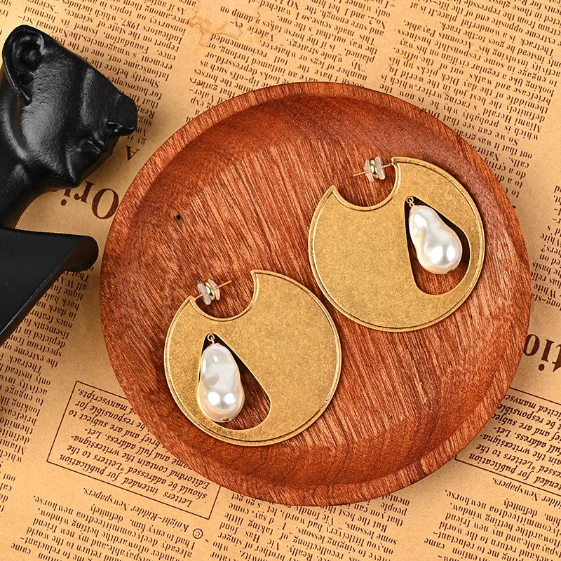 Brincos Minimalistas Geométricos Chapeados Cobre, Ouro Real, Pérolas Barrocas, Joias de Luxo, Francês, Personalidade, 2024