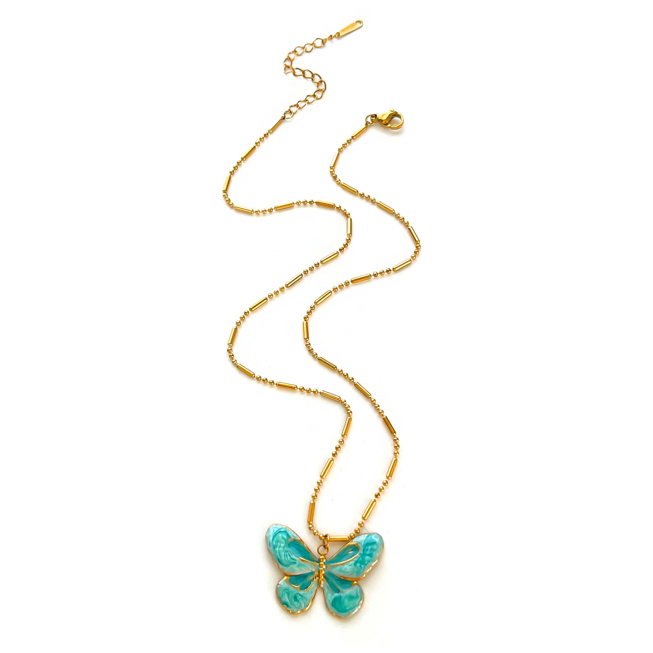 GHIDBK Bonito Simples Azul Esmalte Waterdrop Borboleta Pingente Colares para Mulheres Nova Moda Jóias de Aço Inoxidável Presentes de Festa
