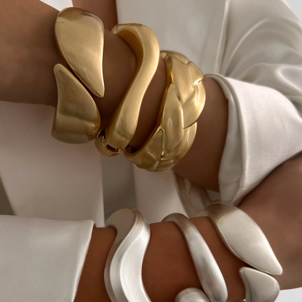 Ingemark Classic Vintage Matte Irregular Heavy Metal Chunky Wide Cuff Bangles Women Punk Gold Color Spring Bracelet Men Jewelry