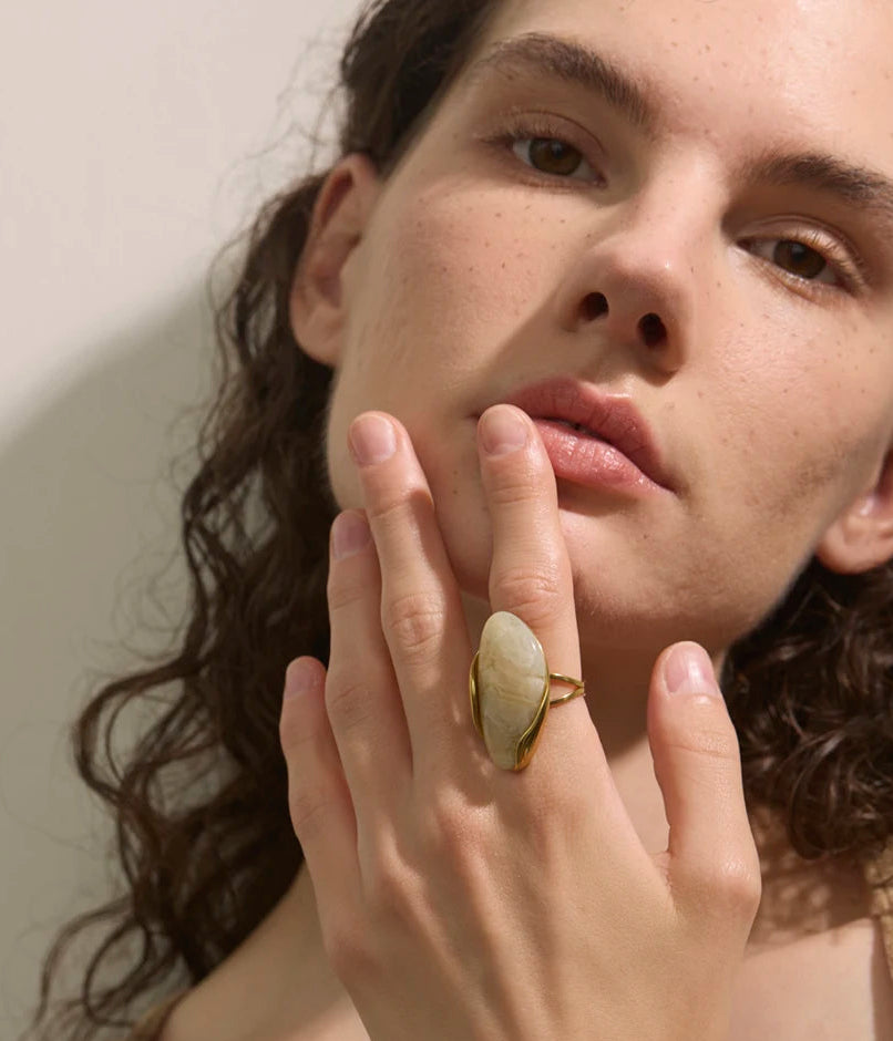 Yhpup novo design marrom verde bege resina geométrica anel ajustável dourado pvd aço inoxidável à prova de ferrugem dedo jóias presente