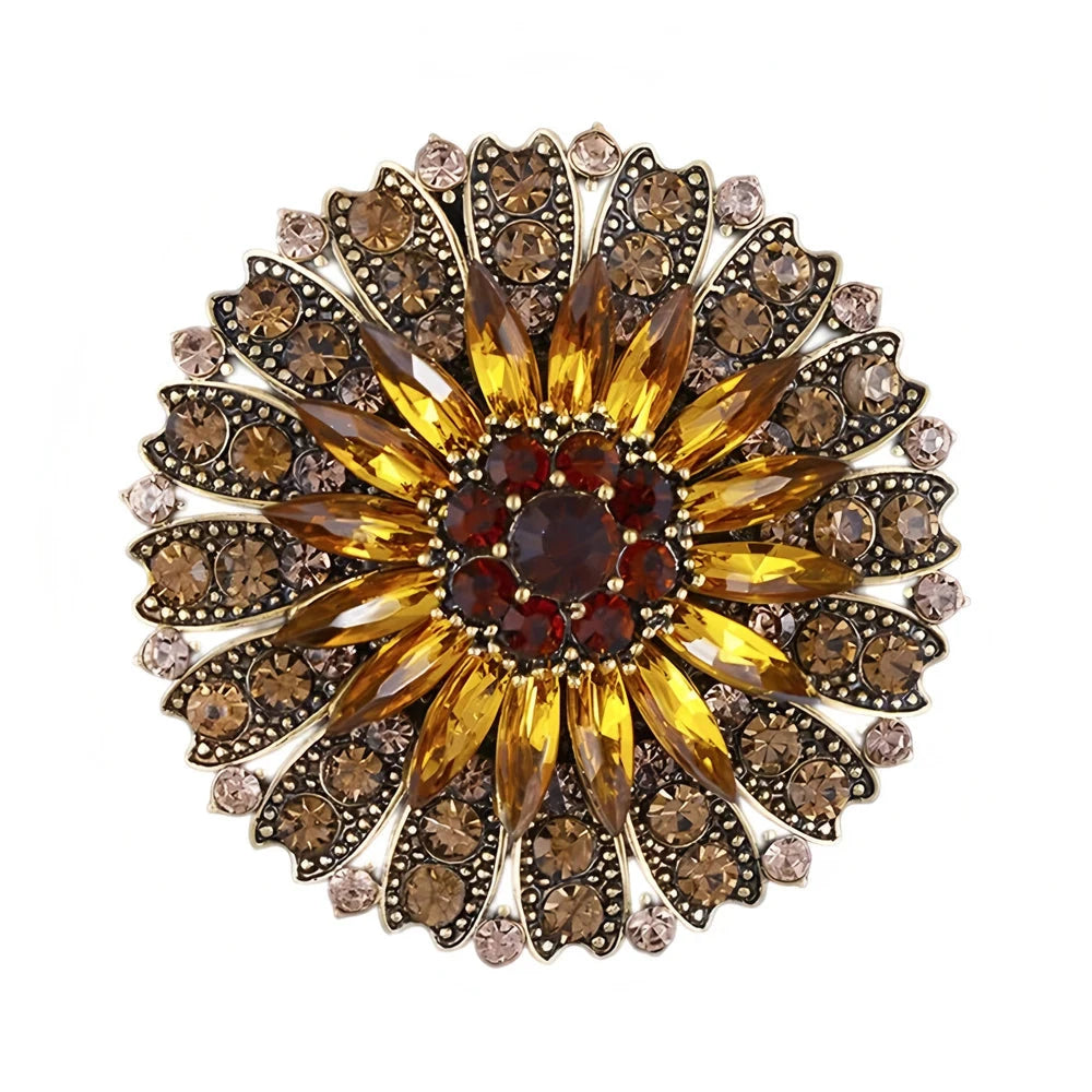 Broche Girassol Vintage com Cristais Design Elegante Feminino