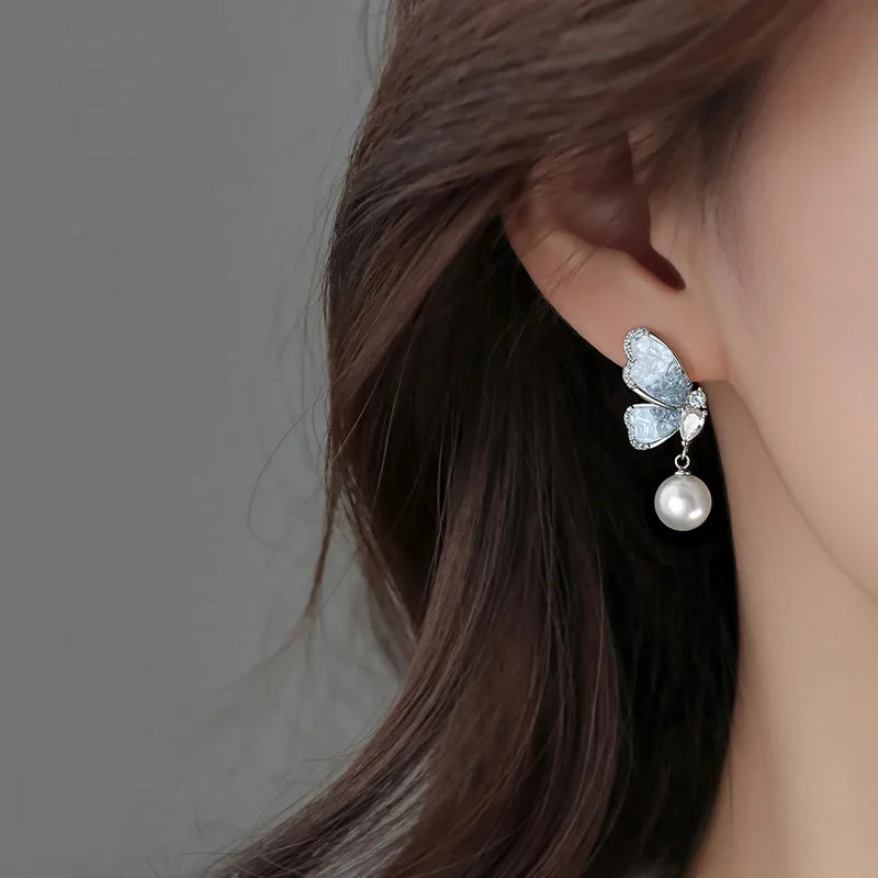 Ponykiss 925 prata esterlina zircão pérola borboleta brincos para mulheres bonito inseto jóias finas luz acessórios de luxo