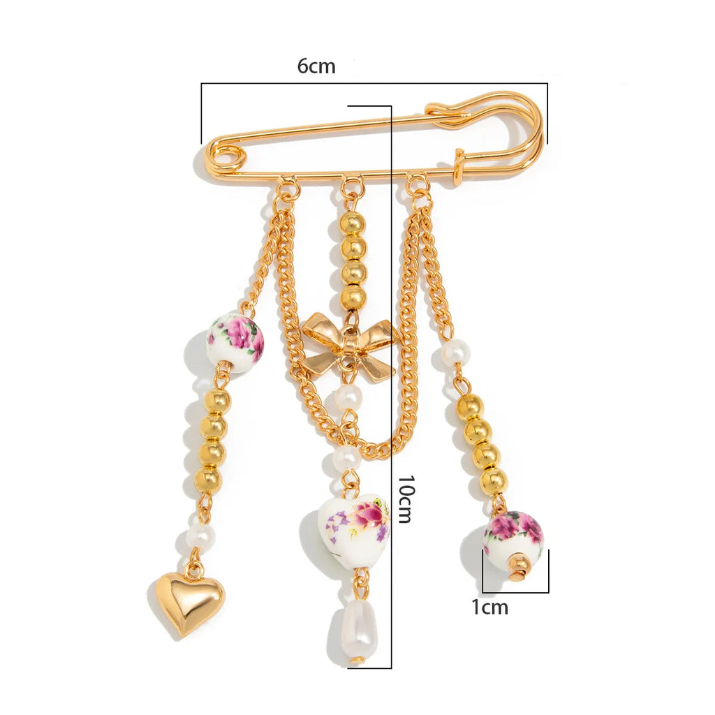 Broche de Alfinete de Segurança Banhado a Ouro 18K para Mulheres e Meninas, com Laço, Coração, Pingentes de Pérola e Correntes, Alfinetes de Segurança para Bebês, Joia de Presente