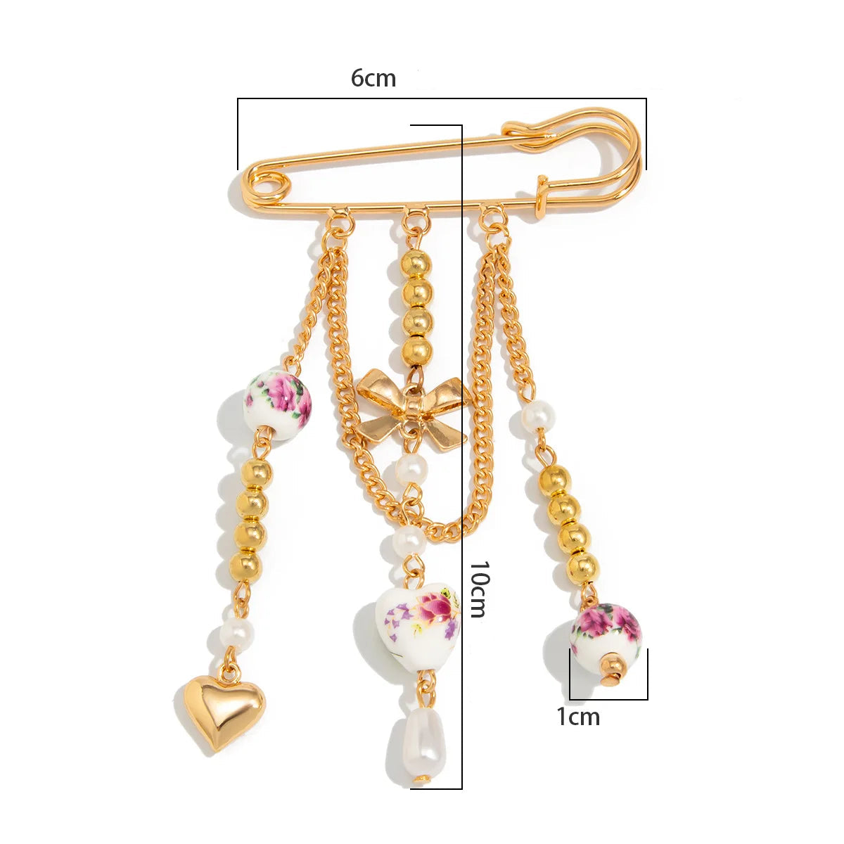 Broche de Alfinete de Segurança Banhado a Ouro 18K para Mulheres e Meninas, com Laço, Coração, Pingentes de Pérola e Correntes, Alfinetes de Segurança para Bebês, Joia de Presente