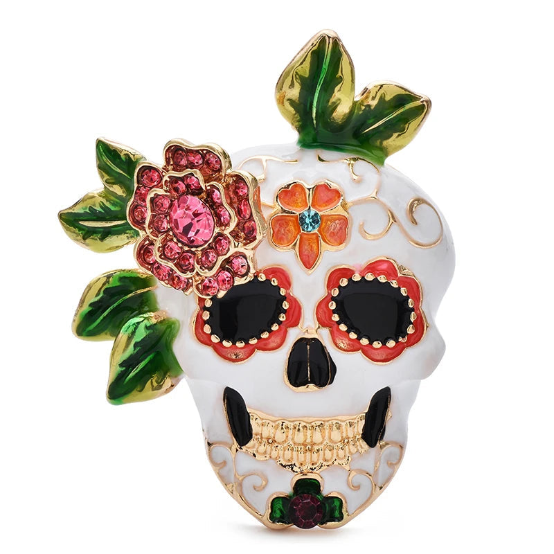 Wuli&baby Lindos Broches de Caveira Esmaltados para Mulheres e Unissex, Broches de Flor e Esqueleto para Casacos de Festa Casual, Presentes
