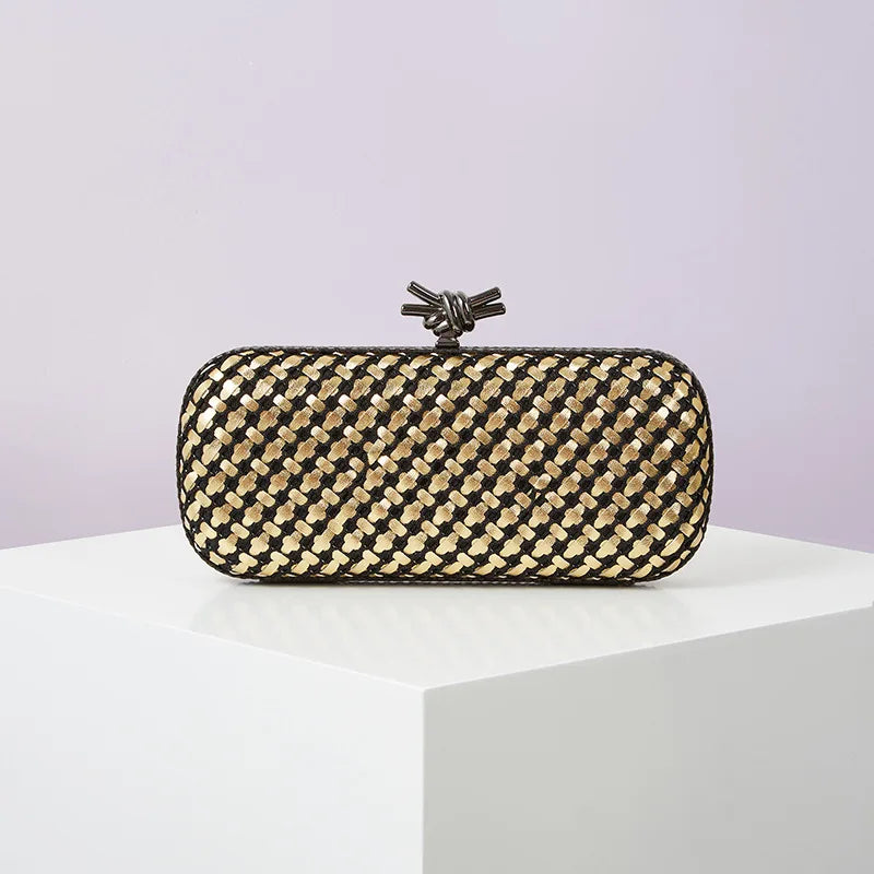 Bolsa de mão de noite dourada para mulheres, bolsa de couro e linha brilhante, elegante, feminina, com nó de metal, bolsa de festa