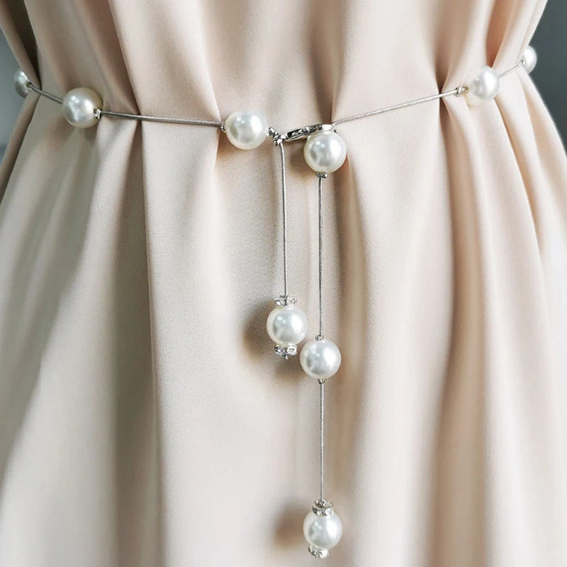 Cinto de pérola ajustável para mulheres, elegante corrente fina, cintura fina, ouro e prata, vestido feminino, joias decorativas