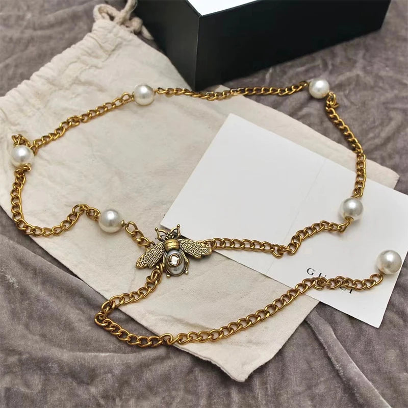 Corrente de cintura longa de luxo para mulheres vintage pérola splice metal cinto de alta qualidade vestido decoração corrente presentes