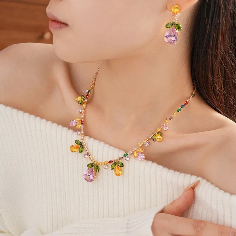 Cor zircão gota de água folha colar europeu e americano alta moda vestido de noite conjunto jóias para casamento feminino