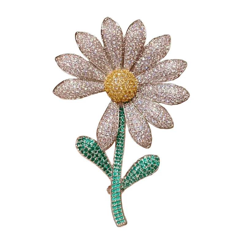 Broche de Flor Margarida para Mulheres e Meninas, Cobre Ecológico de Alta Qualidade com Zircônia Brilhante, Broche Moderno, Alfinetes de Lapela, Joia para Roupas, Presente