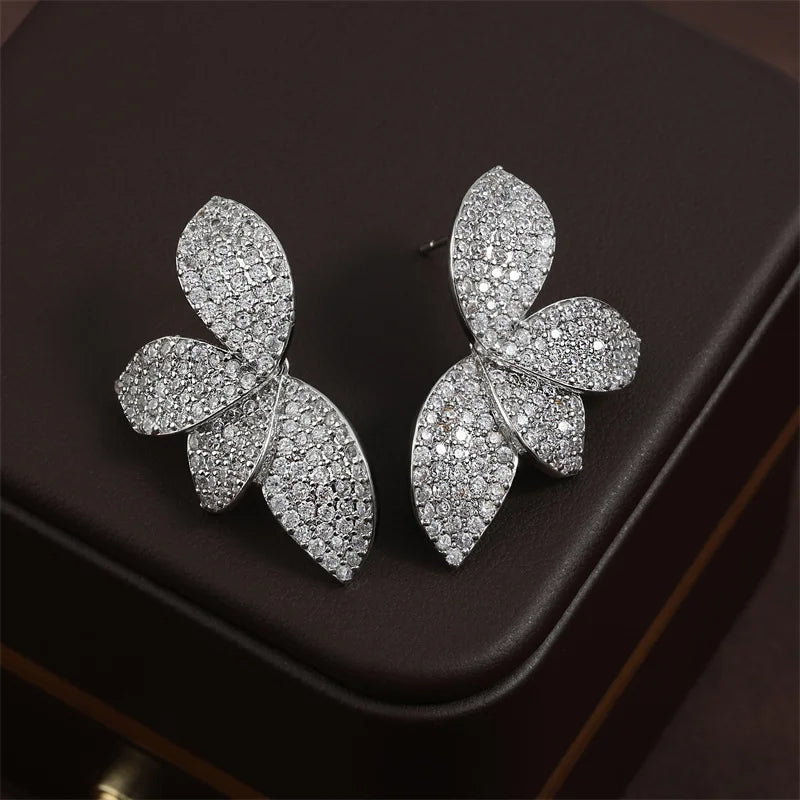 Luxo brilhante micro-conjunto zircão folha brincos para mulheres requintado aaa cz simétrico brinco jóias de casamento