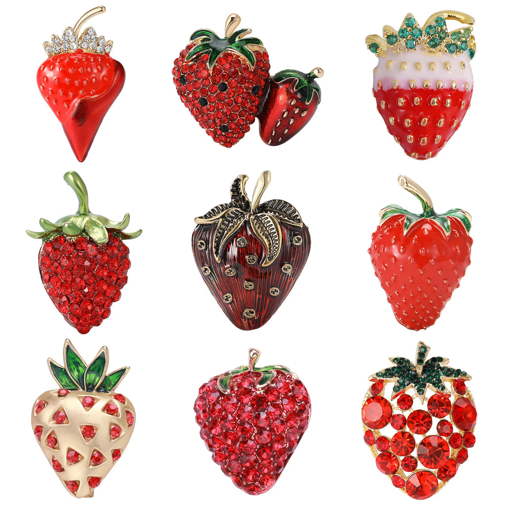 Broches de morango com gotejamento de óleo para mulheres, unissex, strass, alfinetes de frutas, plantas, lapela, escritório, festa, amigo, presentes, acessórios