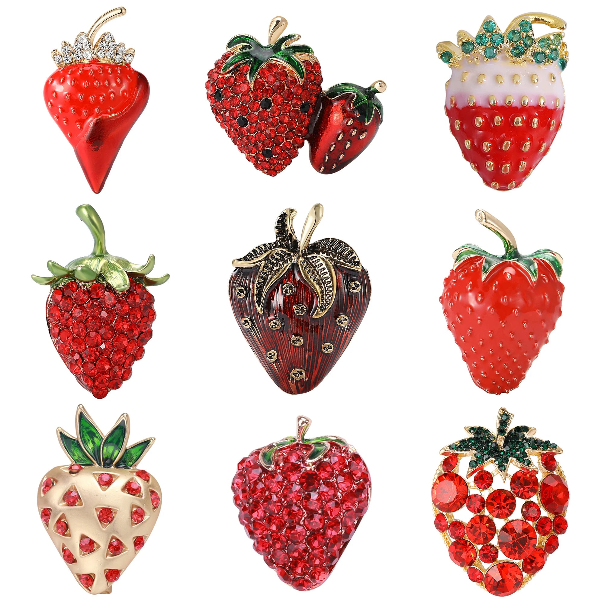 Broches de morango com gotejamento de óleo para mulheres, unissex, strass, alfinetes de frutas, plantas, lapela, escritório, festa, amigo, presentes, acessórios