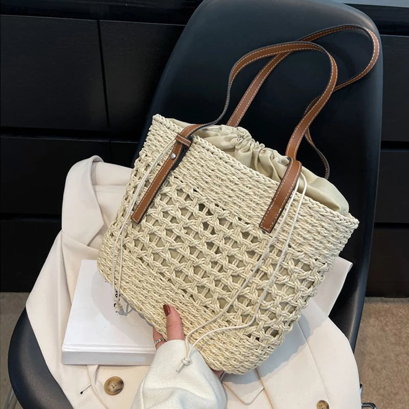 Designer casual rattan vime sacola grande capacidade tecido feminino verão praia palha bolsa senhora viagem grande cesta