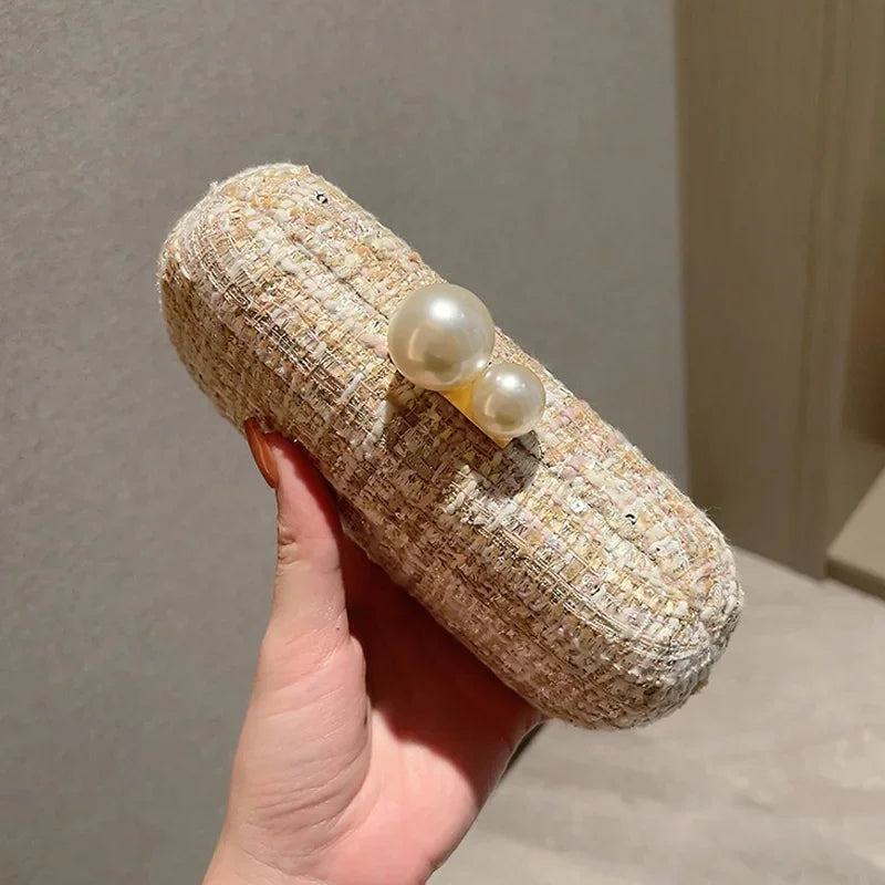 Saco de noite Sequin Tweed Faux Pearl Clutch Purse Bolsas Padrão Xadrez para Festa de Casamento Bolsas Crossbody de Ombro Pequeno