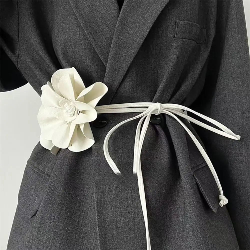 Cinto de couro PU boêmio – faixa envoltória com gravata de flor grande e laço para decoração de vestido