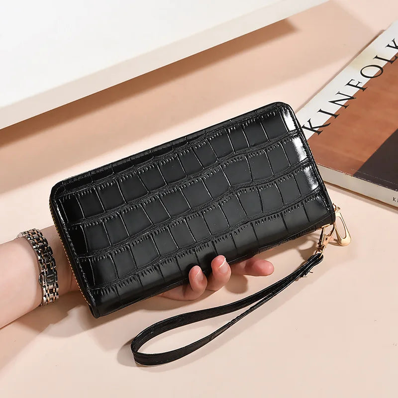 Carteira longa feminina high-end moda crocodilo padrão jacaré embreagem saco de cartão multifuncional saco com zíper carteira de moedas