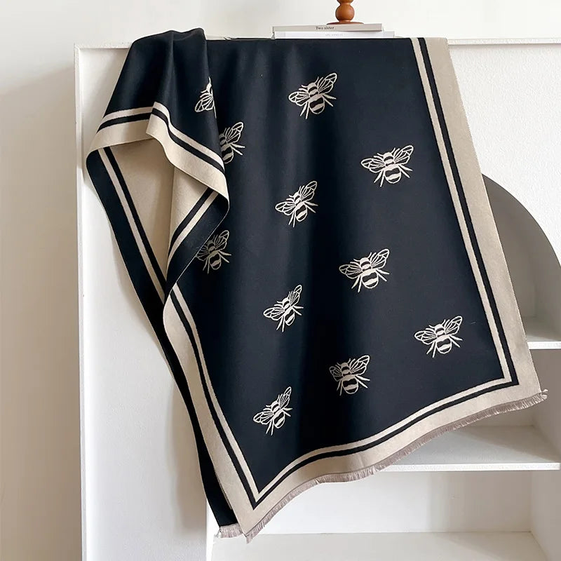 Luxo marca de dois lados abelhas lenço, imitação de caxemira, macio, quente, franja, pashmina, xale, inverno, coldproof, à prova de vento, cobertor