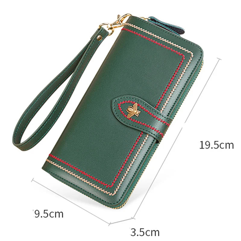 Carteira de couro genuíno para mulheres, titular do cartão, embreagem, bolsas femininas, longa bolsa de dinheiro, abelha, marca de luxo, pulseira, hasp telefone