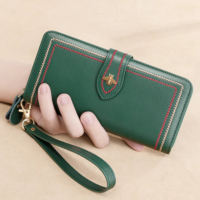 Carteira de couro genuíno para mulheres, titular do cartão, embreagem, bolsas femininas, longa bolsa de dinheiro, abelha, marca de luxo, pulseira, hasp telefone