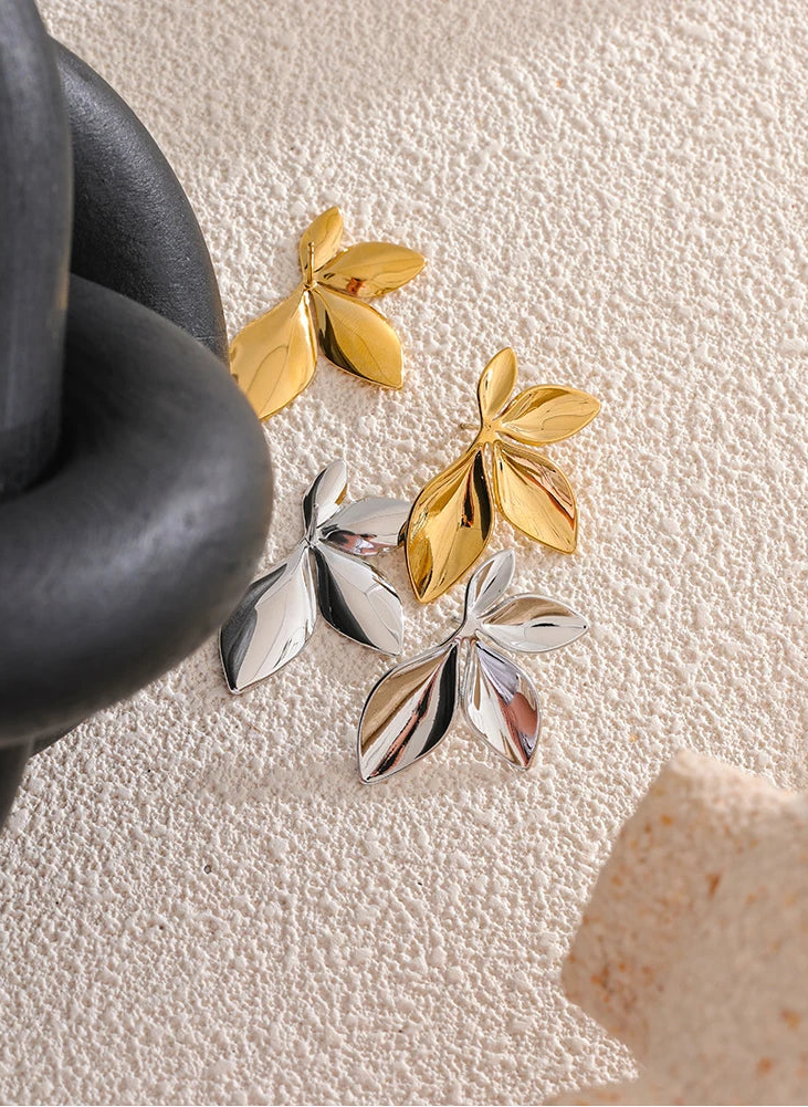 Yhpup moda folhas de aço inoxidável flor brincos brilhante anti alergia à prova dwaterproof água charme textura jóias alta qualidade