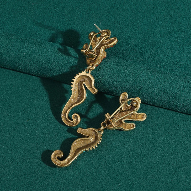 Vintage azul cavalo marinho brincos mulher strass cristal vermelho coral esmalte animal verão jóias praia tendência 2025 novo