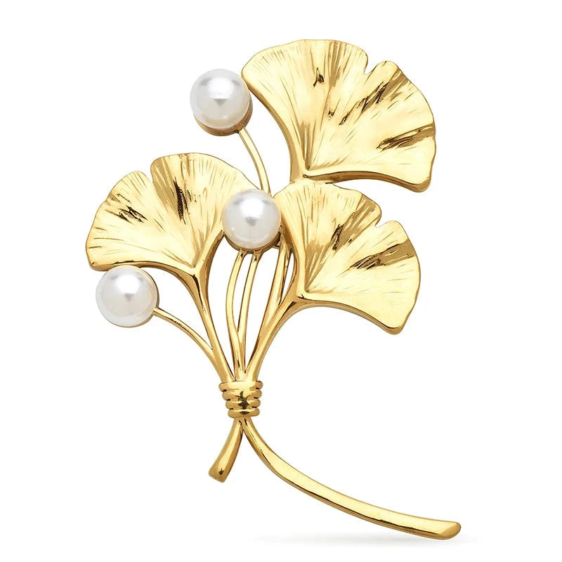 Broche Folha Ginkgo com Pérola Design Elegante Feminino