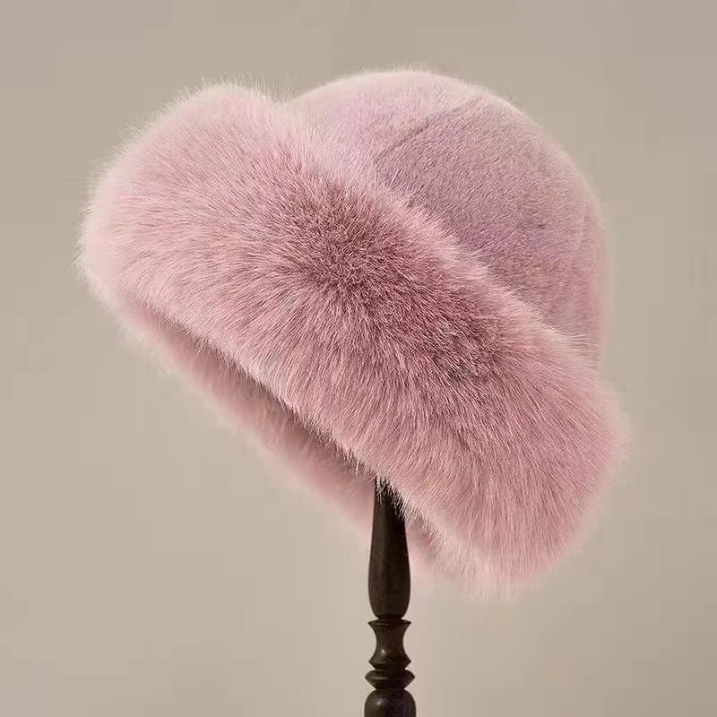 Inverno grosso quente peludo gorros chapéu moda feminina imitação de pele de vison boné russo cor sólida de pelúcia boné sem aba chapéu de esqui