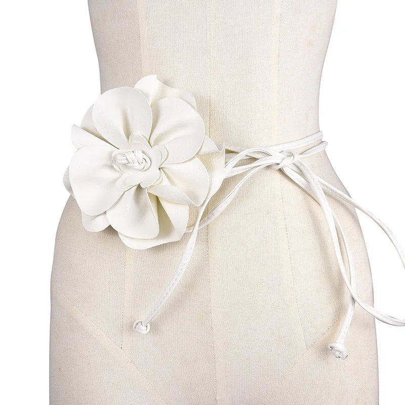 Cinto de couro PU boêmio – faixa envoltória com gravata de flor grande e laço para decoração de vestido