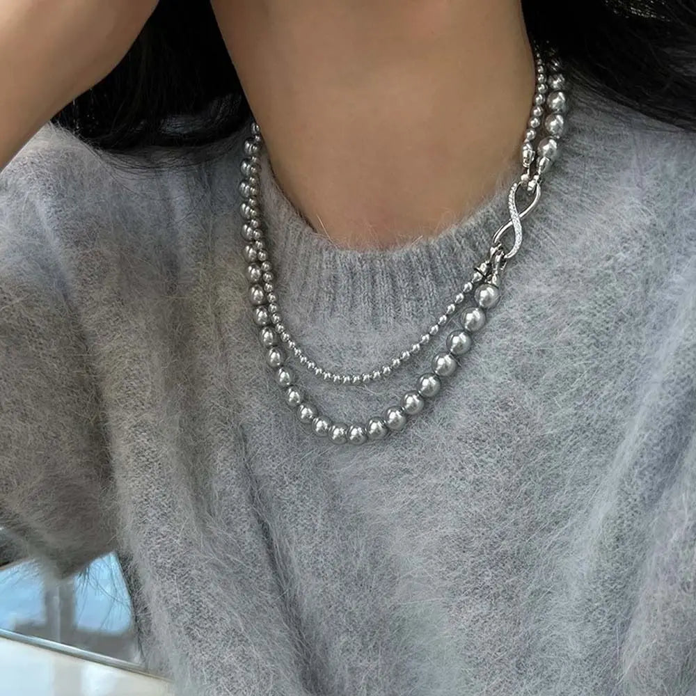 Colar de pérolas de camada dupla, joias coreanas, acessórios de moda feminina, corrente de pérola, gargantilha branca, cinza, corrente de pérolas, casamento