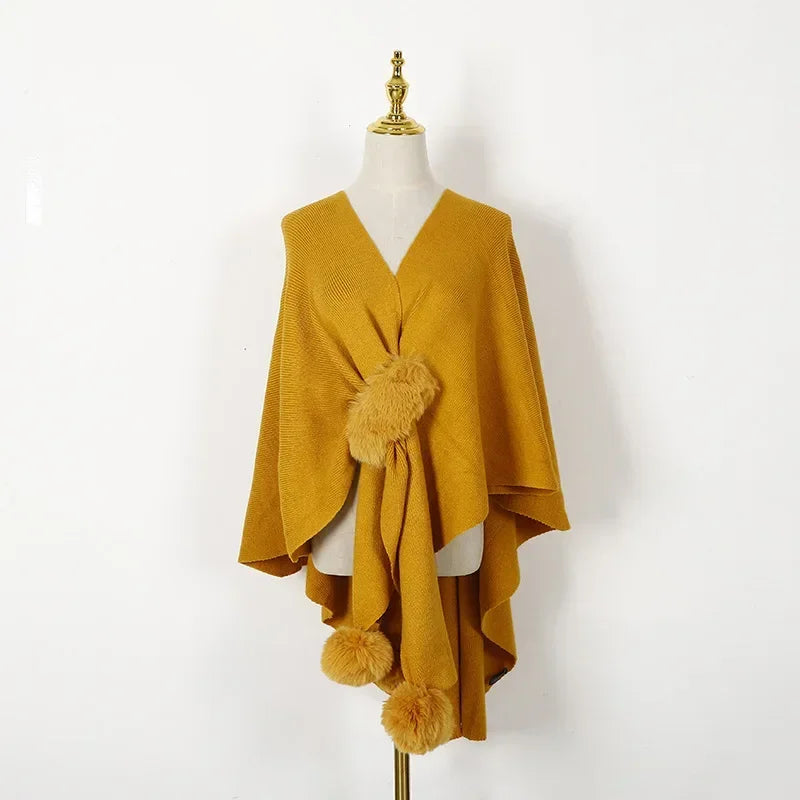 Imitação de lã bola pendurado cardigan outono inverno casaco feminino moda rua xale poncho senhora capas rosa