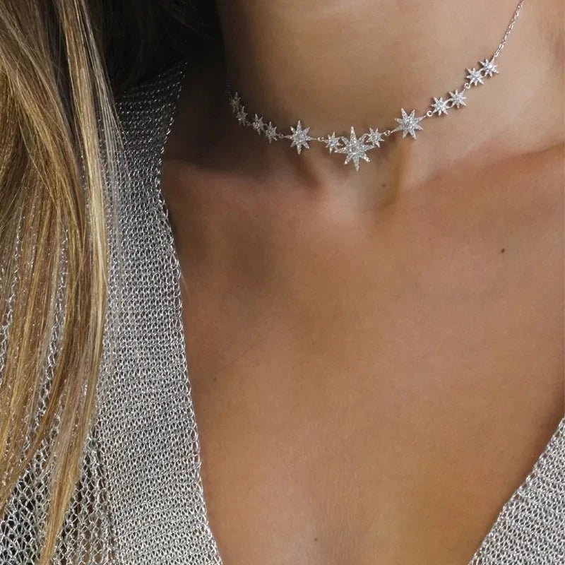 Verão nova moda iced out bling cz estrela starburst charme nchoker colares para mulheres delicado charme declaração jóias atacado