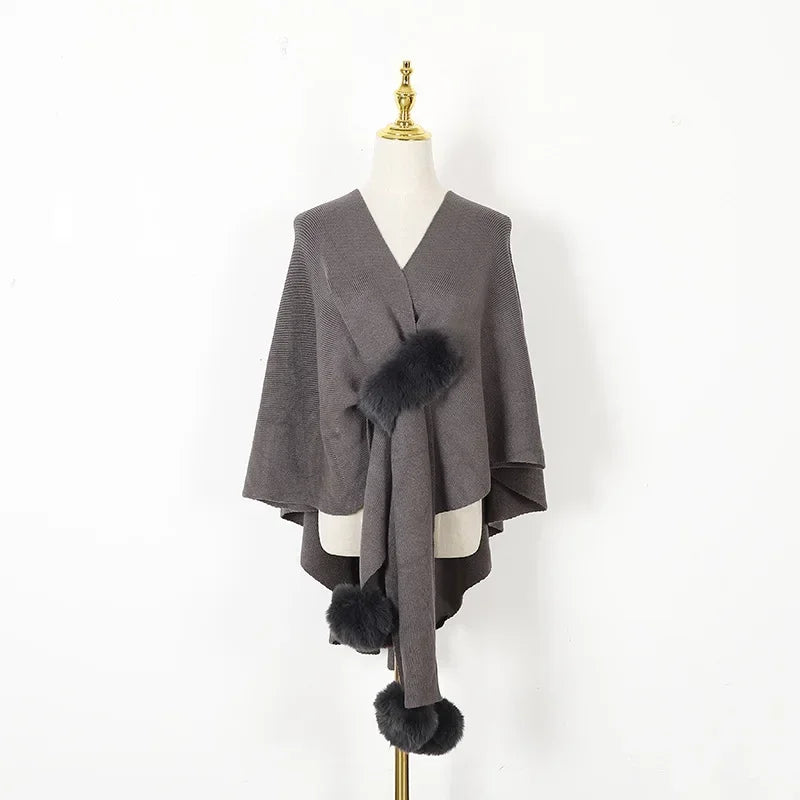 Imitação de lã bola pendurado cardigan outono inverno casaco feminino moda rua xale poncho senhora capas rosa