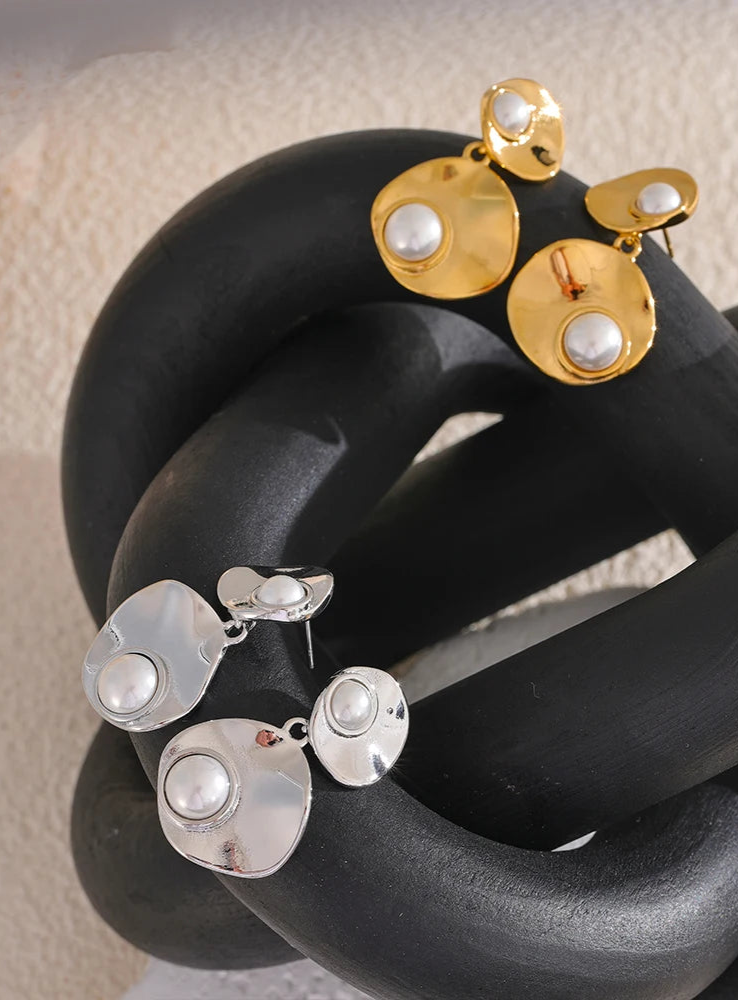 Yhpup elegante imitação de pérolas redondas geométricas brincos pendurados elegantes de aço inoxidável coreano joia diária presente