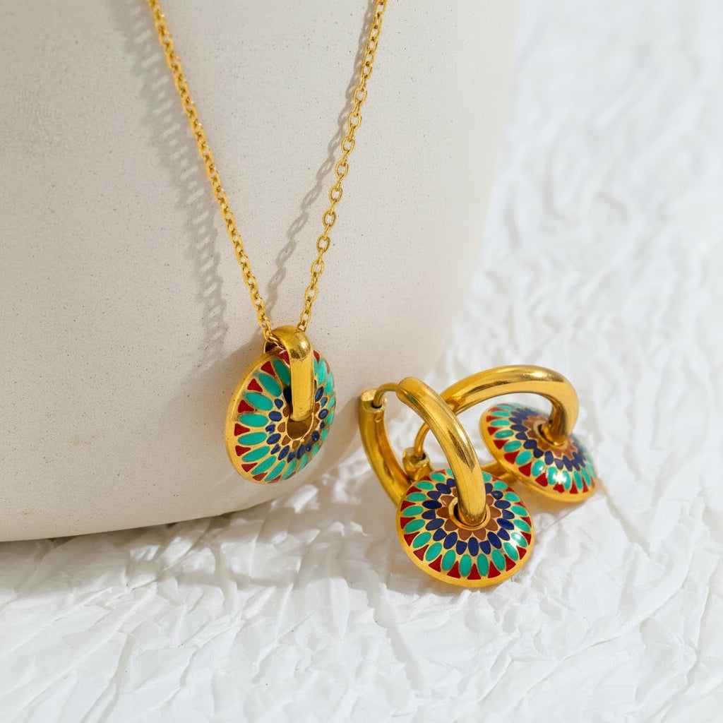 Conjunto de joias de margaridas pintadas em aço inoxidável banhado a ouro 18K para mulheres, brincos florais boho e colar hipoalergênico presente de verão