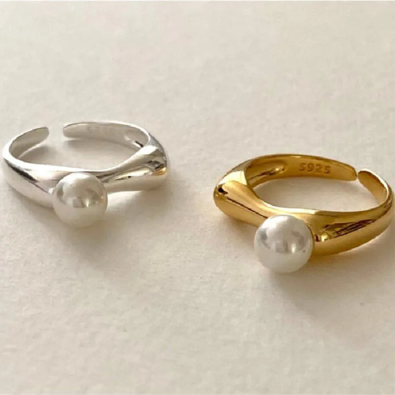 Voq cor prata elegante pérola anel ajustável feminino menina nova moda coreana jóias finas presente festa