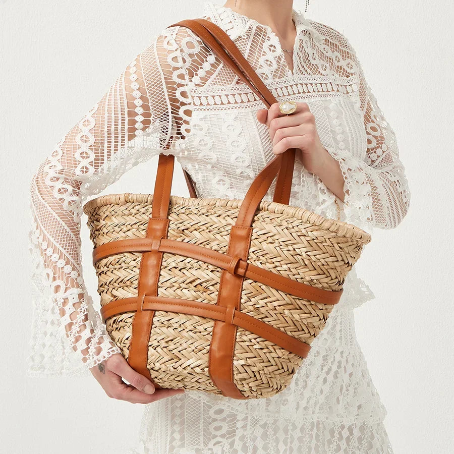 Moda grande rattan cesta saco designer de vime mulheres sacos ombro luxo palha bolsa verão praia grande shopper bolsa bali sac
