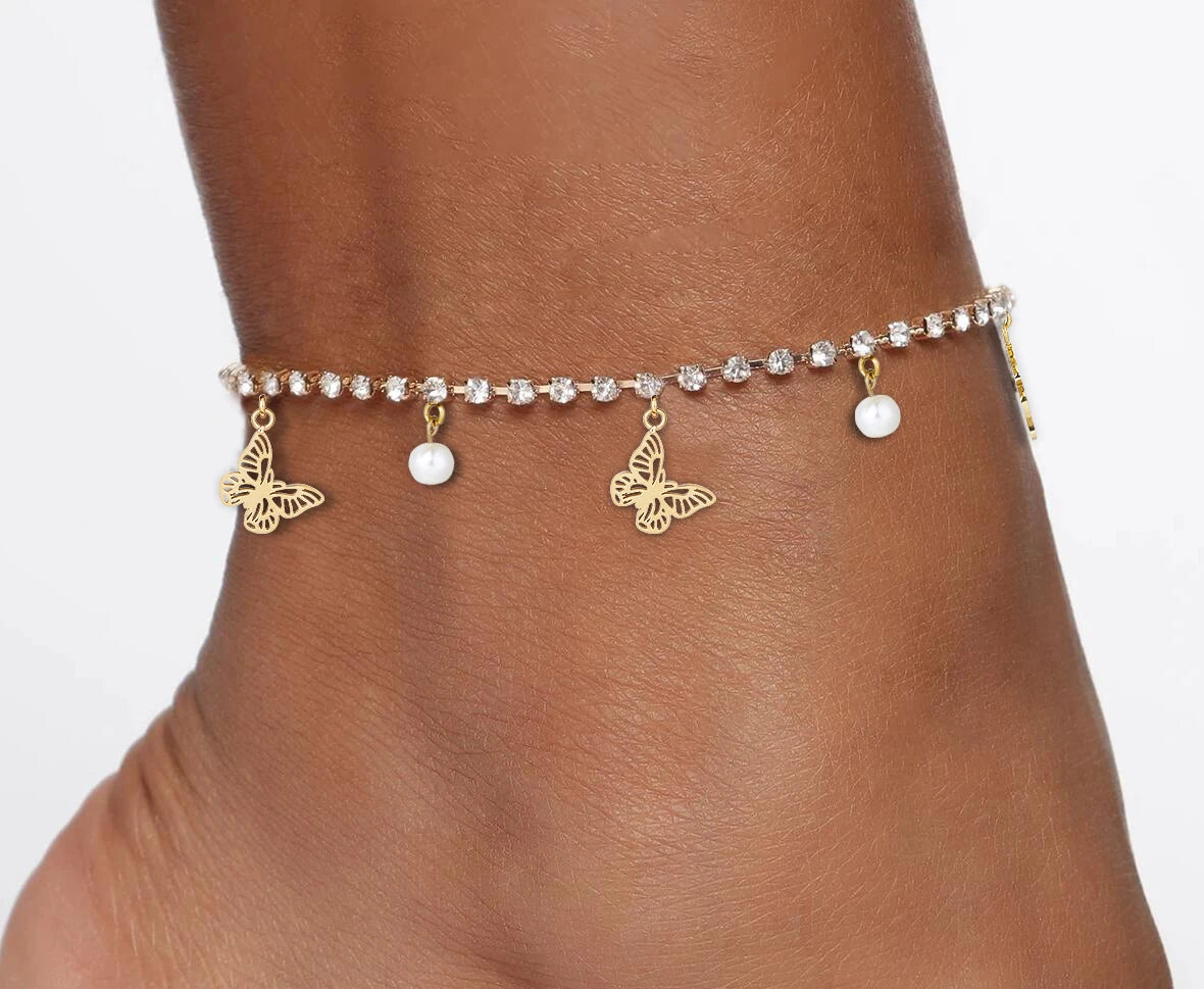 Shevalues Tornozeleira com corrente de zircônia cúbica brilhante para mulheres moda 18K banhada a ouro pulseira de tornozelo sandálias descalças joias para pés