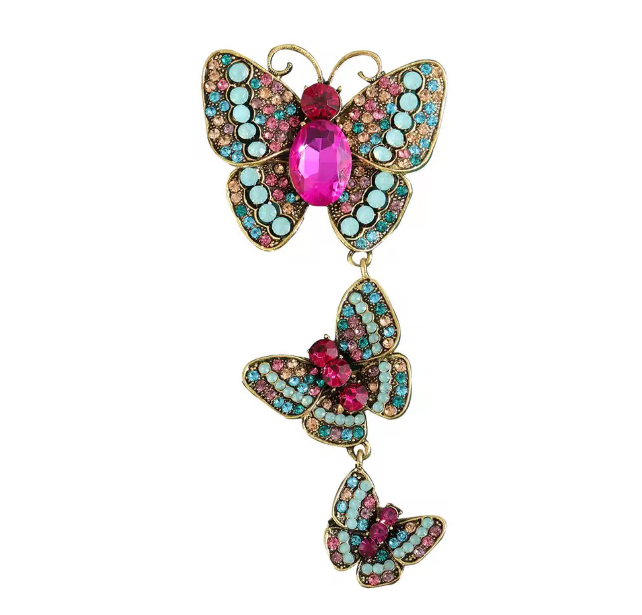 Broches de Três Borboletas Vintage com Strass