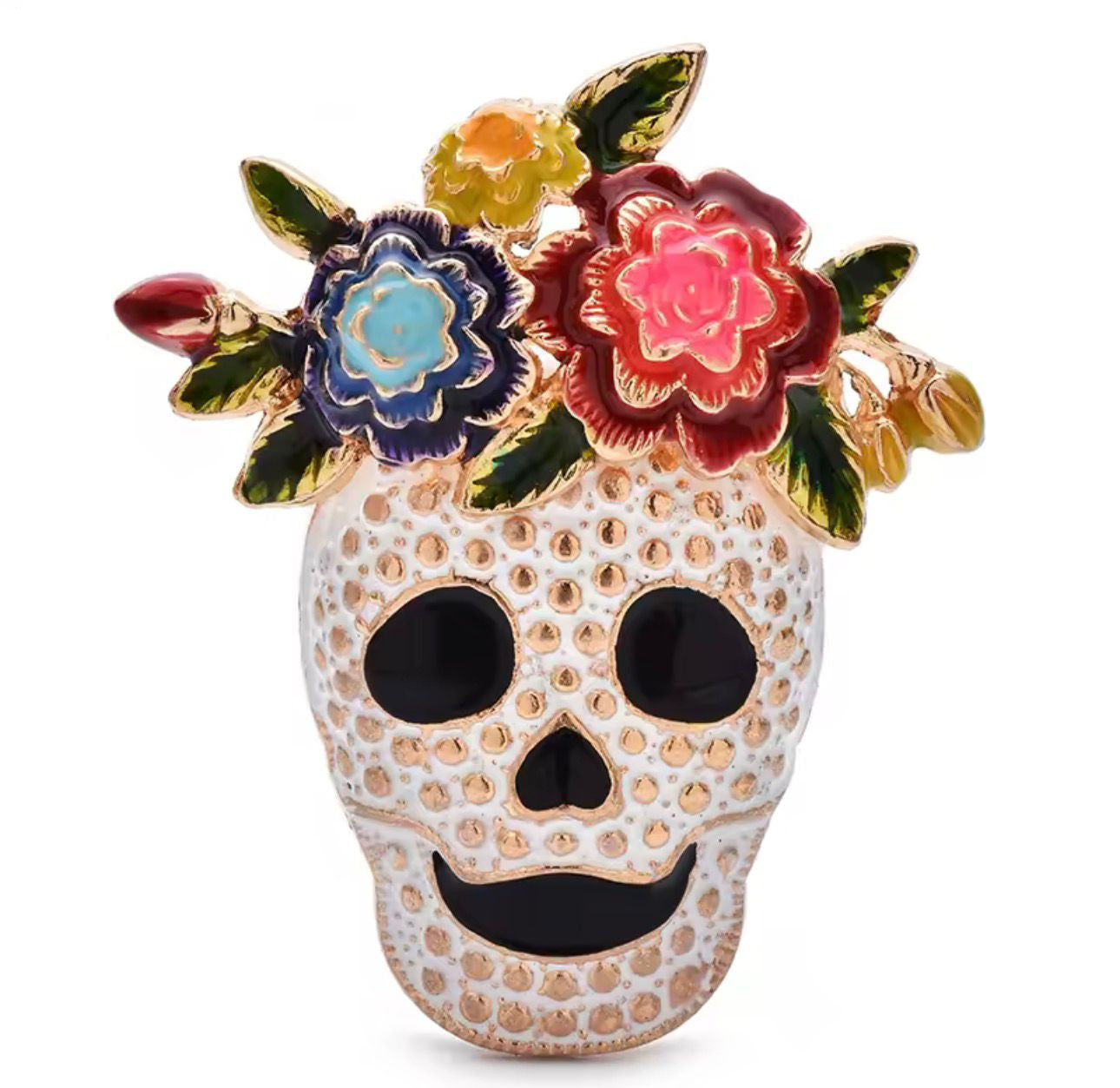 Broche de Caveira Esmaltado com Flores - Acessório Elegante