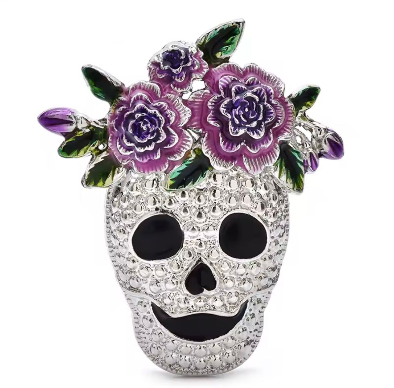 Broche de Caveira Esmaltado com Flores - Acessório Elegante