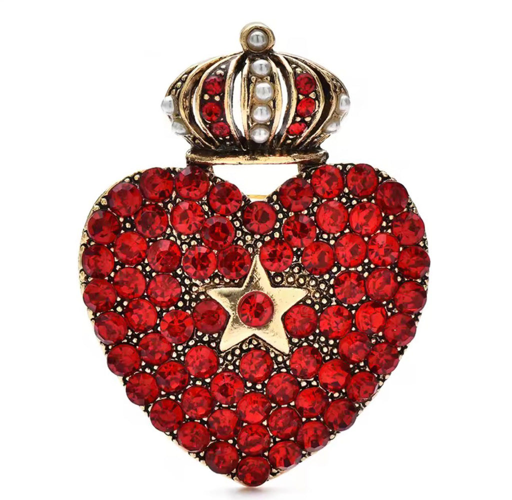 Broche Coração com Coroa e Strass para Roupas Femininas