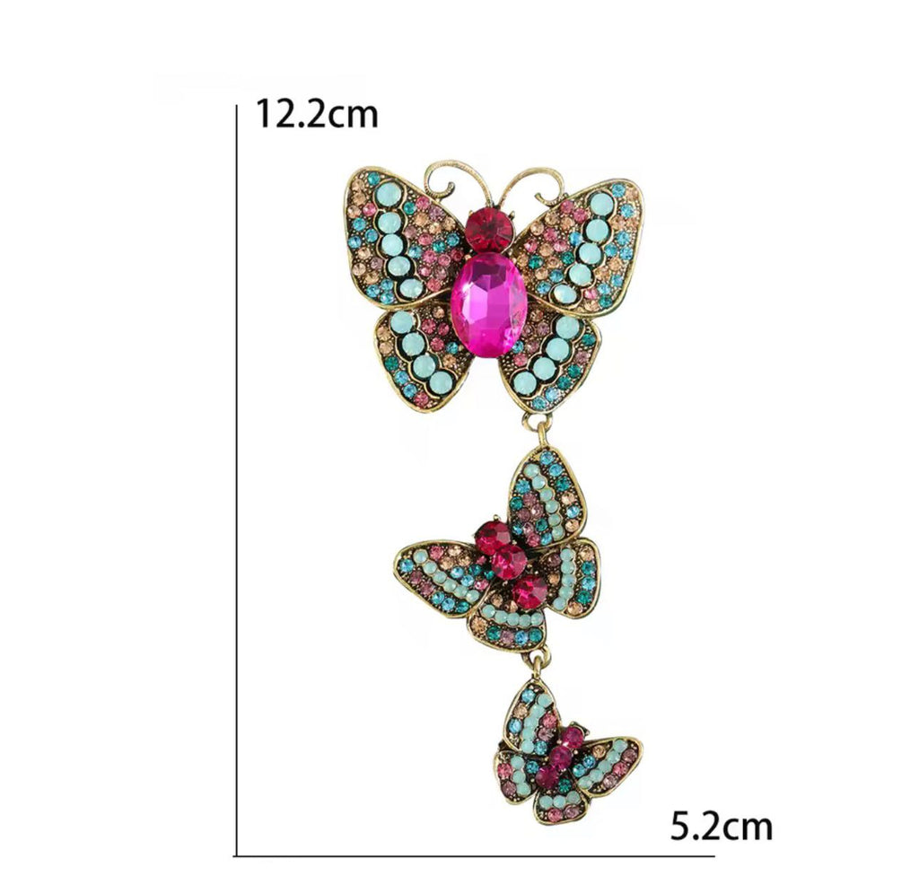 Broches de Três Borboletas Vintage com Strass